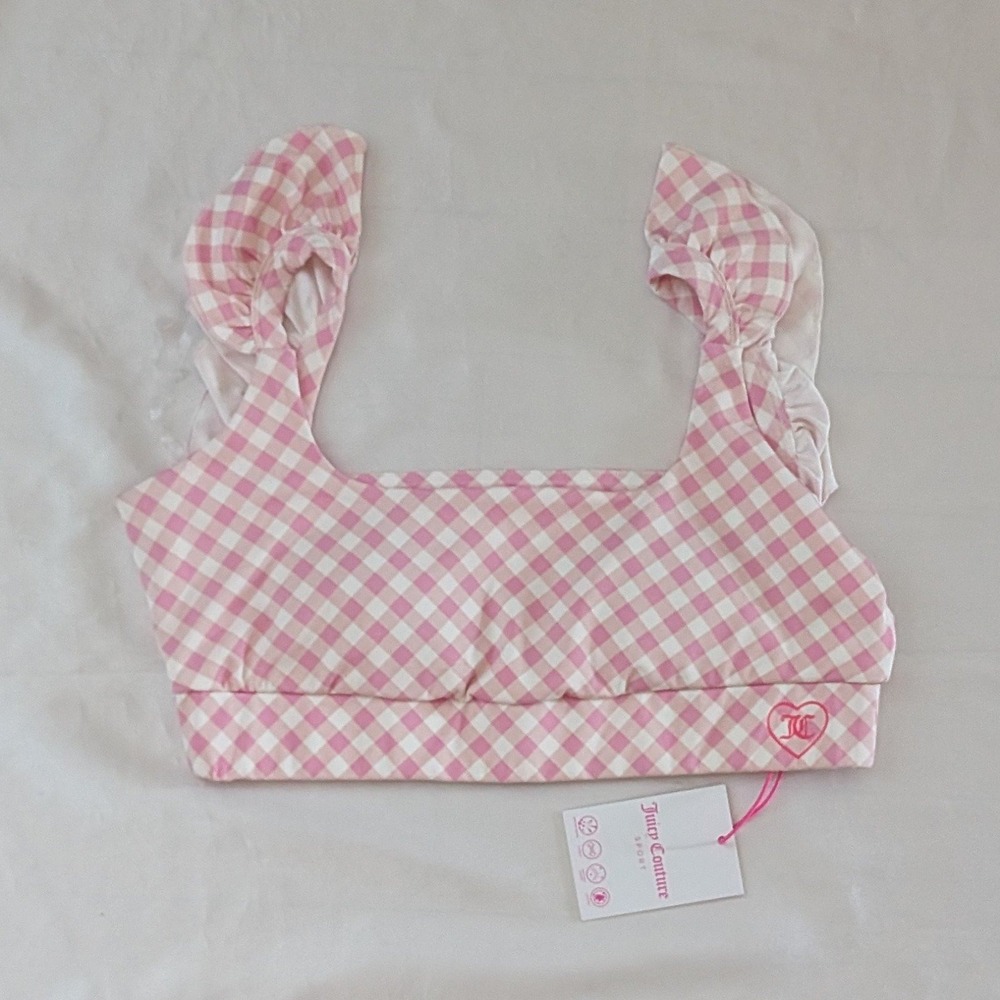 New Juicy Couture Women's Sport Gingham Ruffle-Strap Sports Bra Crop Top Large